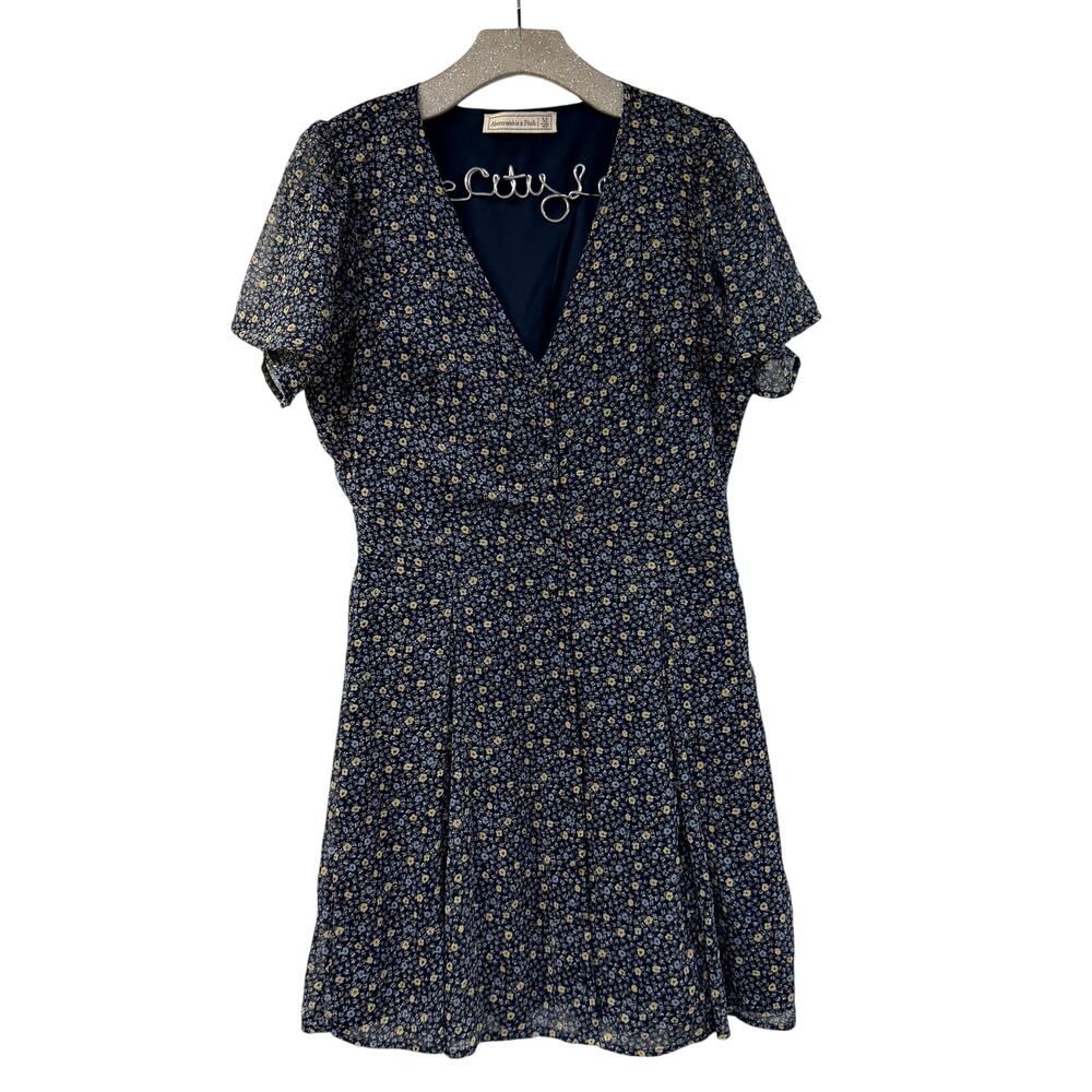 Abercrombie & Fitch Floral V Neck Dress Navy Blue Medium Mini